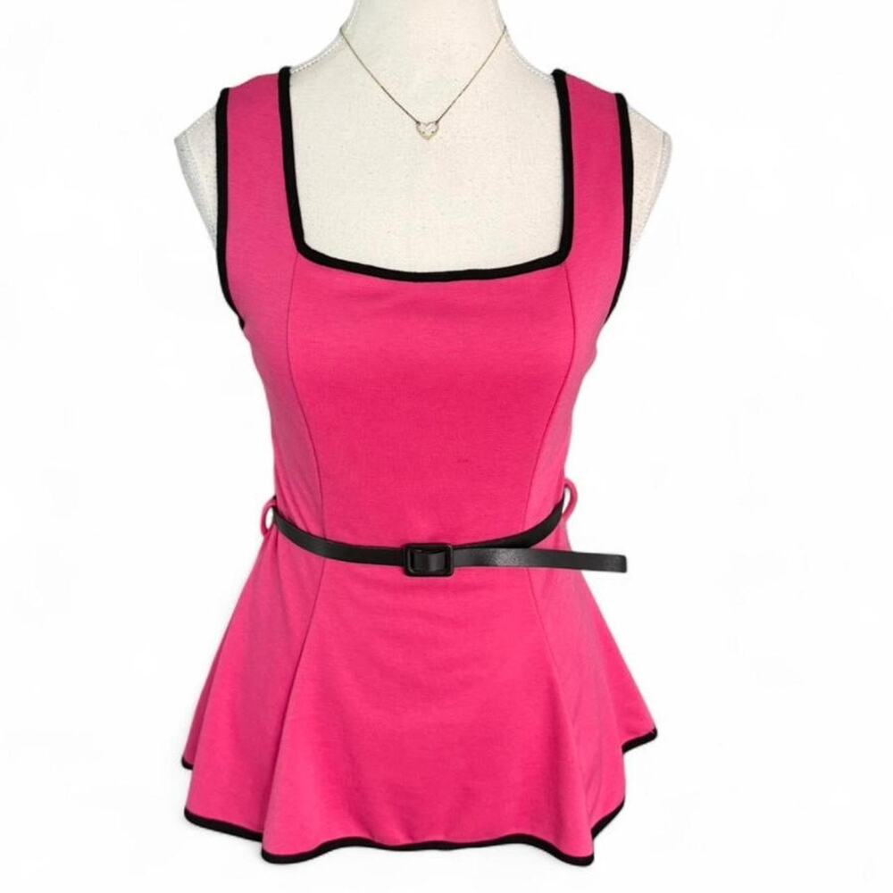 Celine By Champion Y2K Office Siren Pink + Black Square Neck Belted Top Size M
